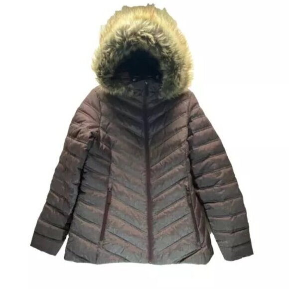 Eddie Bauer Women's Medium Quilted Puffer Jacket Purple Plum Faux Fur Lined Hood - Picture 1 of 9